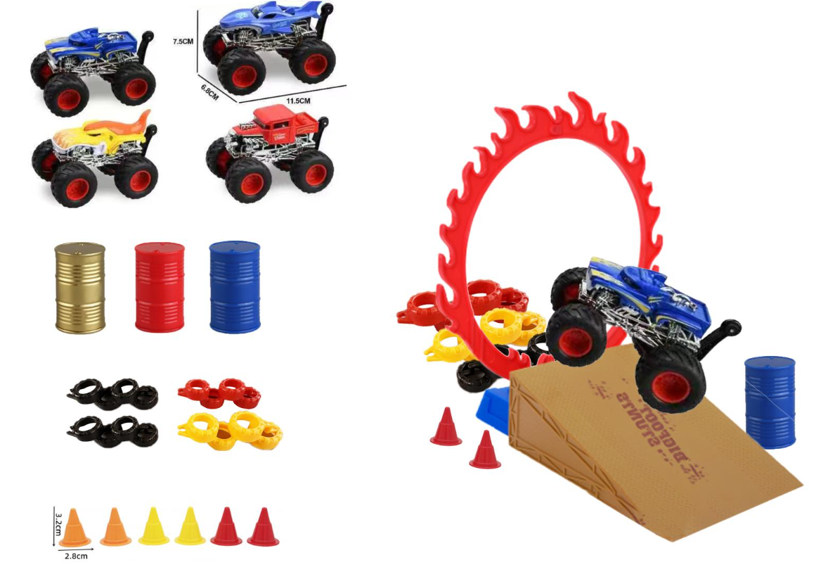 Monster Truck Stunt Track Toy Set with Storage Box - Die-Cast Extreme Crashing Trucks, Jump Ramp, Ring of Fire, and Obstacle Accessories, Perfect Outdoor & Indoor Toy Gift for Boys