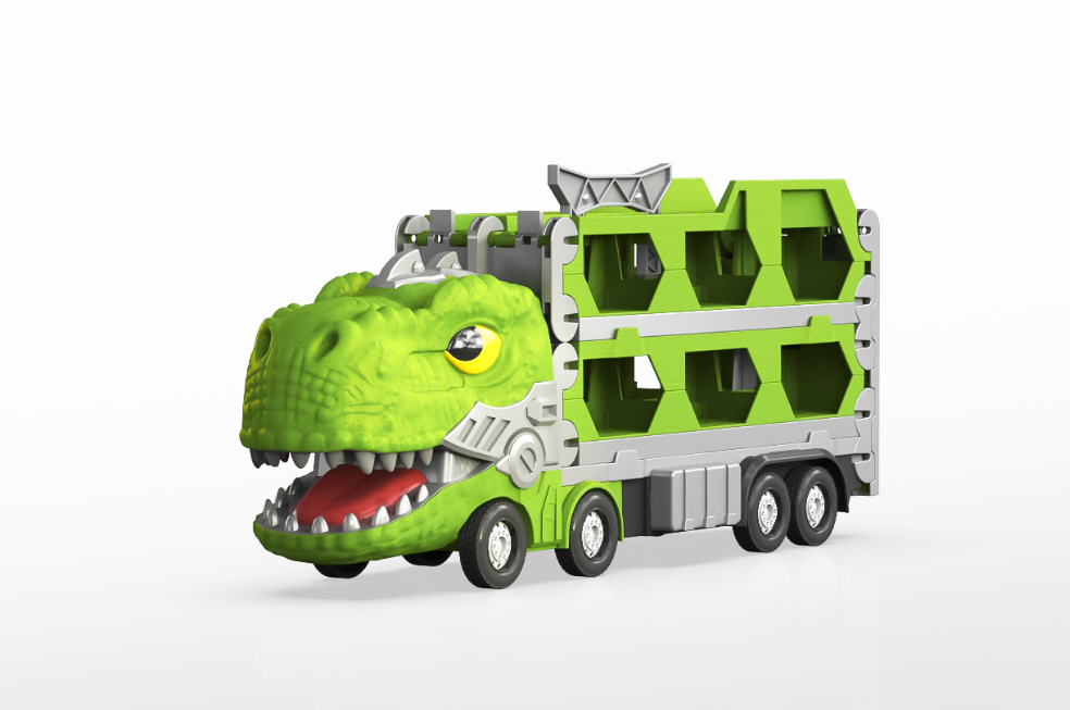 2-in-1 Dinosaur Ejector Transporter Truck Toy - Folding Mega Hauler with Ejection Racing Track, Realistic T-Rex Carrier Car Set, Creative Birthday Gift for Toddlers Boys