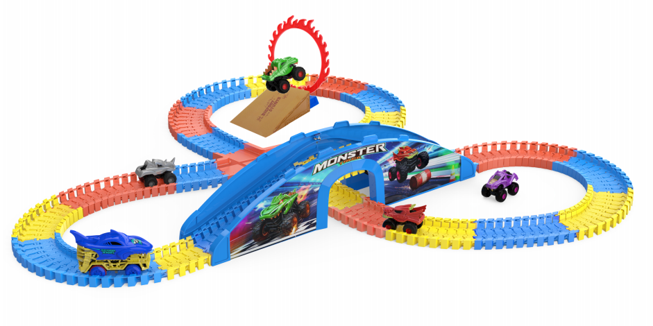 Kids Monster Truck Race Track Toy Set - Flexible Snap-Together Railway with Overpass Bridge, Stunt Jump Ramp, Fire Ring and Multiple Off-Road Cars, Extreme Screen-Free Gift for Boys