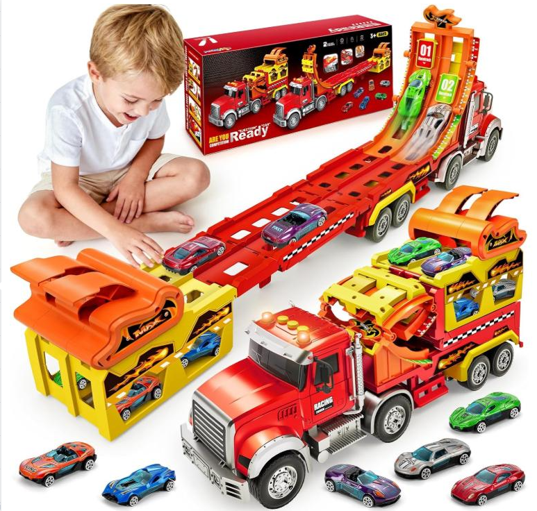 Extreme Duel Ejector Mega Truck Set | Transforming Transport Carrier to Dual Racing Track with Dash Ramp