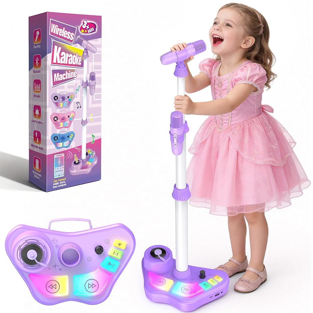 Kids Karaoke Machine with Microphone Stand & 2 Mics - Purple Bluetooth Singing Toy Set with Adjustable Height, Colorful LED Lights, and Rechargeable Battery for Toddlers Girls & Boys